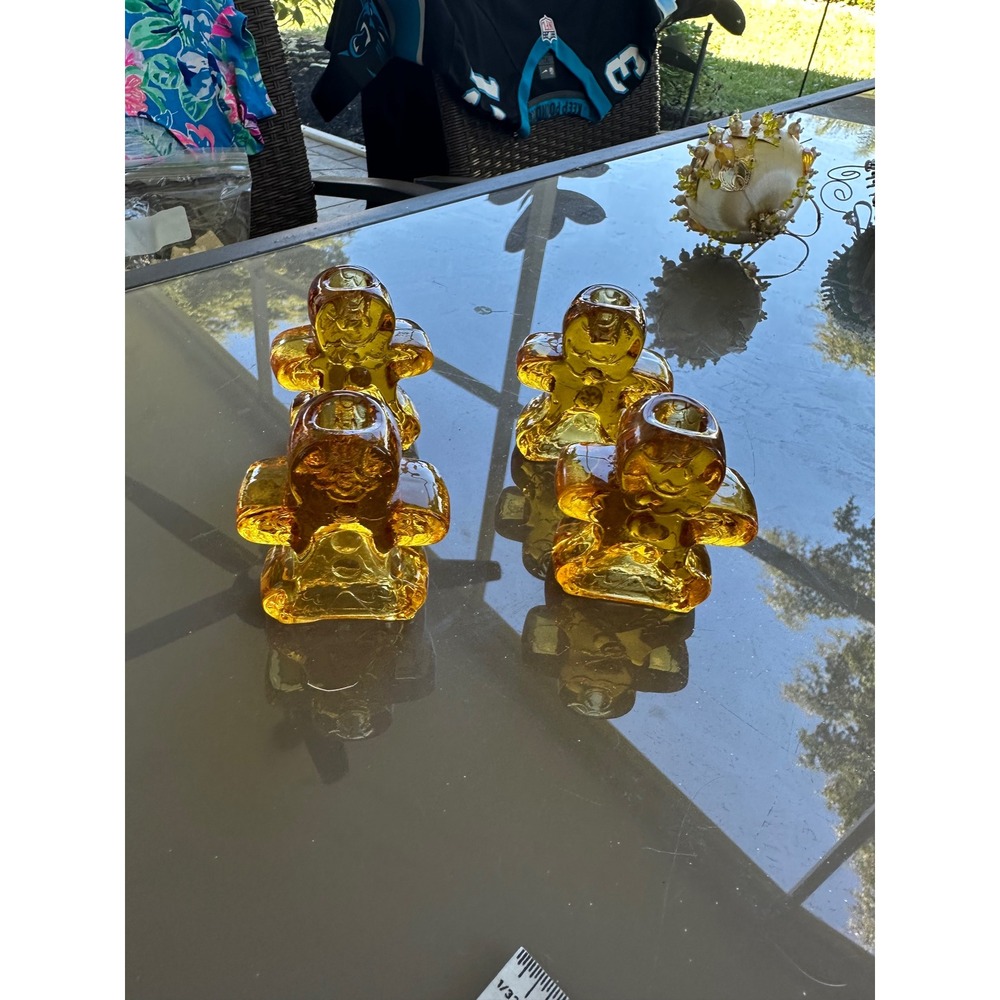 Set‎ of 4  William Sonoma Amber Glass Gingerbread Man Candle Holders Christmas